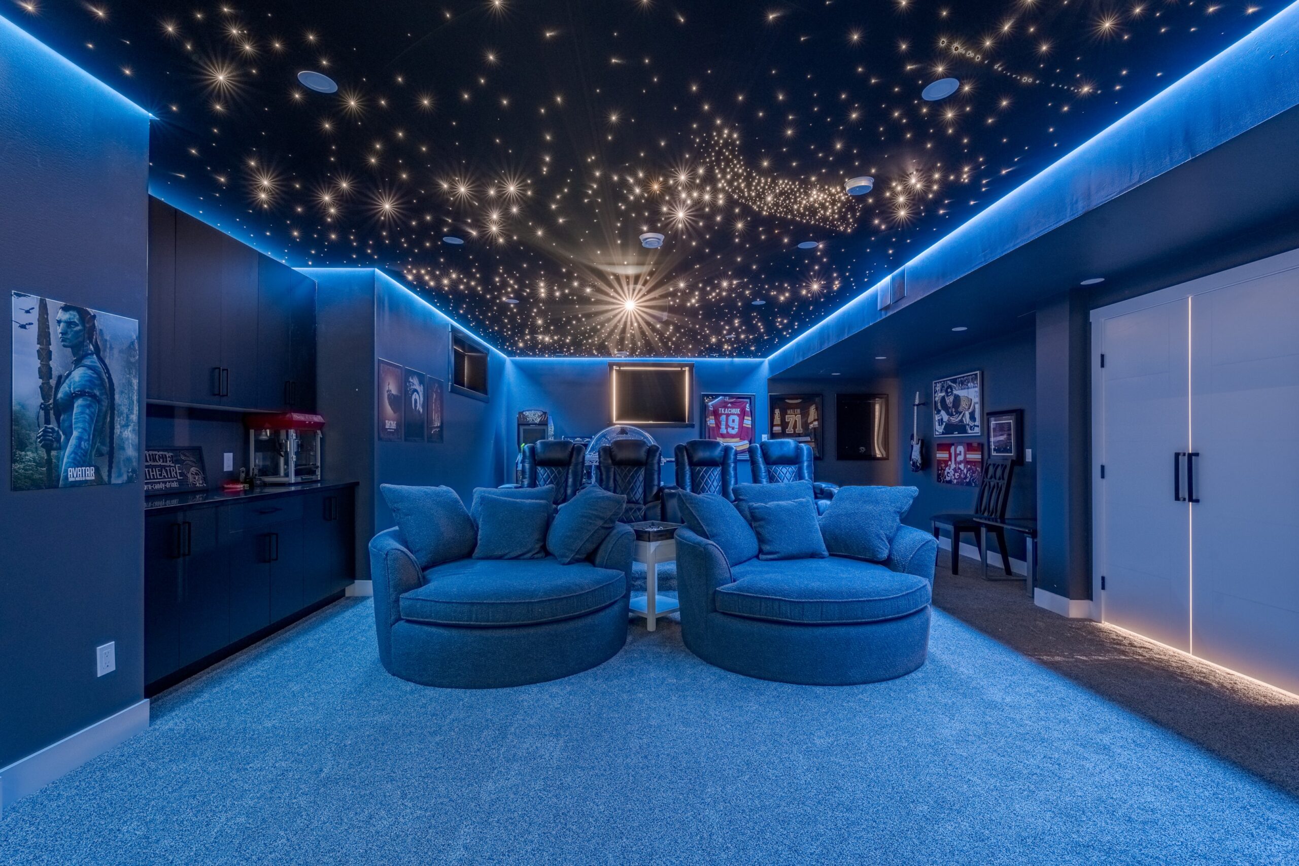 A beautifully designed stretch ceiling featuring a starry ceiling effect.