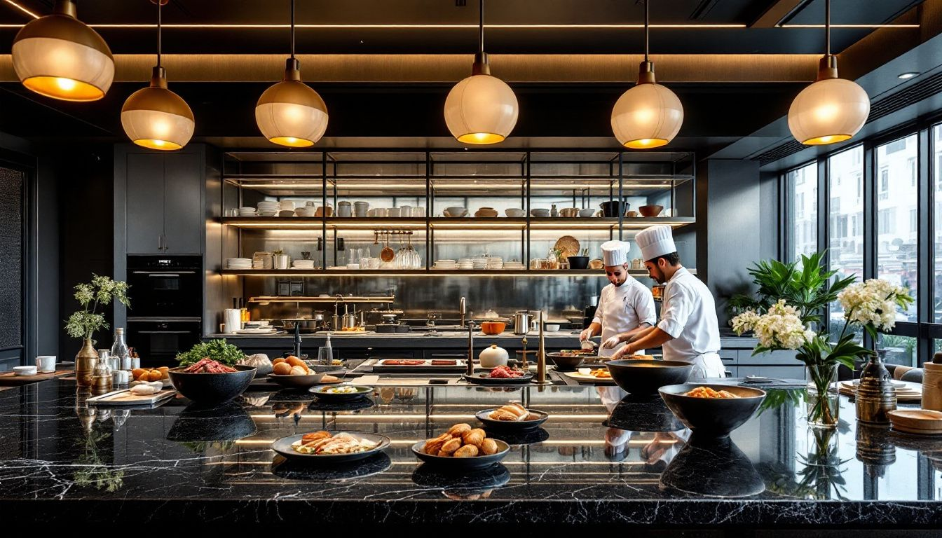 An open kitchen concept in a restaurant, allowing diners to see the chefs at work.