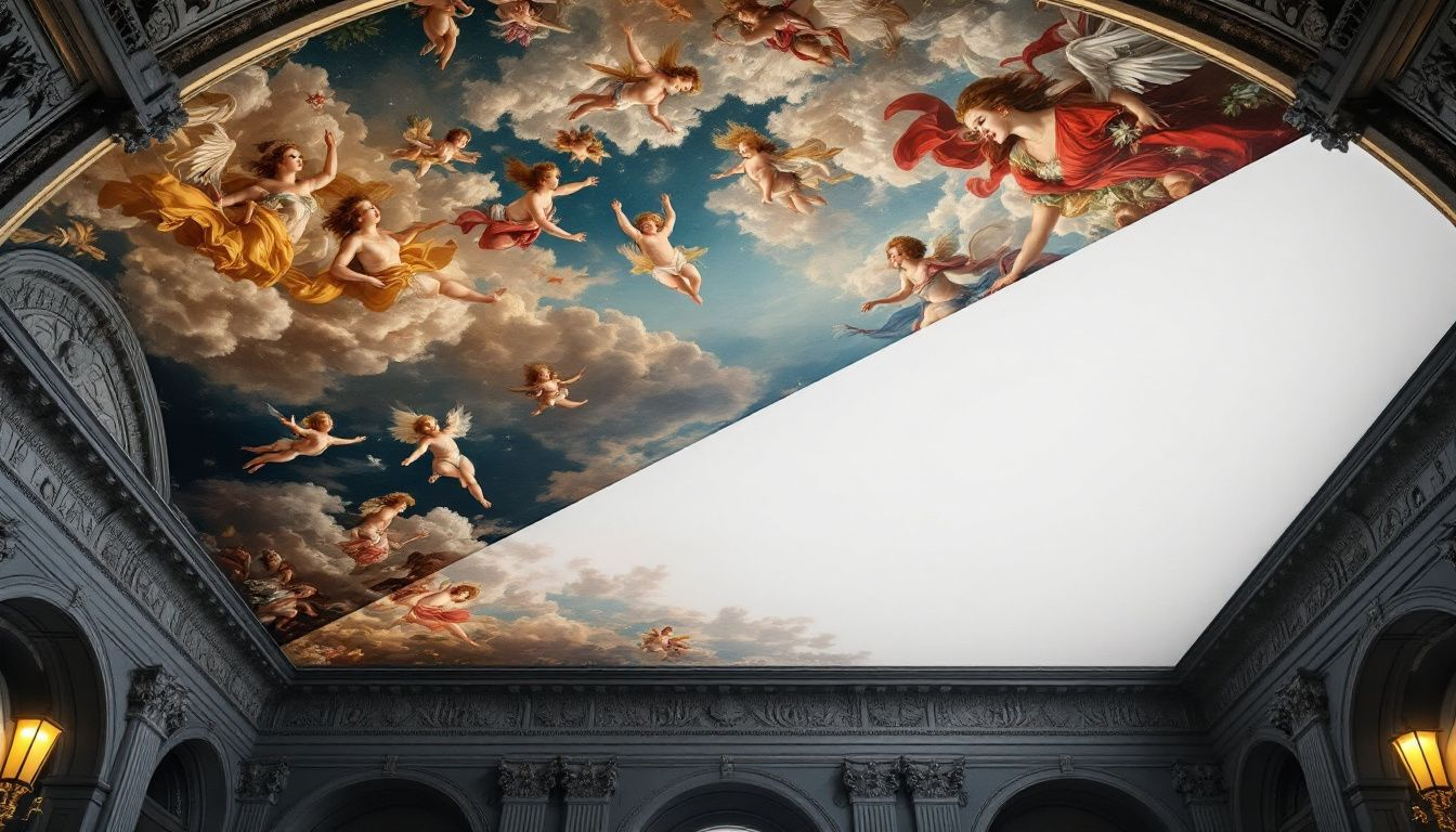 Comparison of painted ceilings and stretch ceilings showcasing their differences.