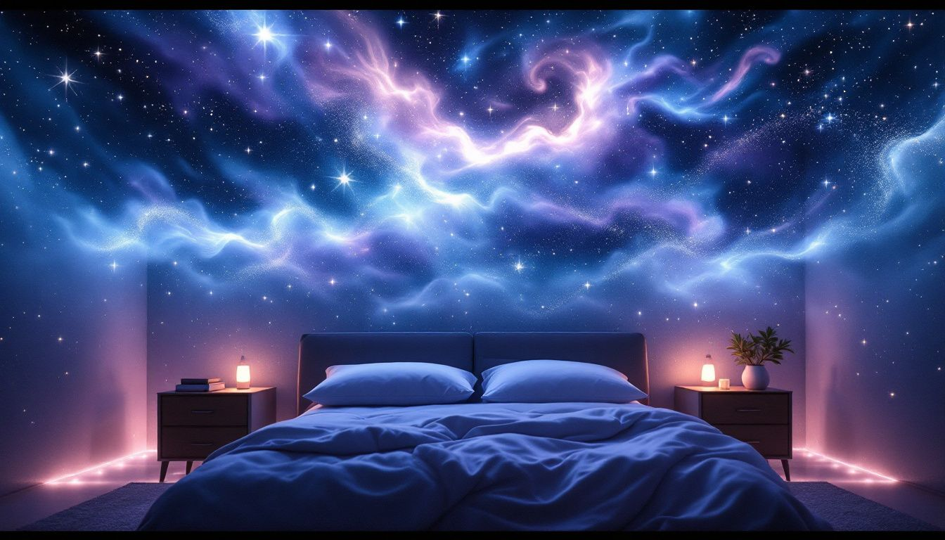 An elegant bedroom with a fiber optic star ceiling creating a romantic atmosphere.